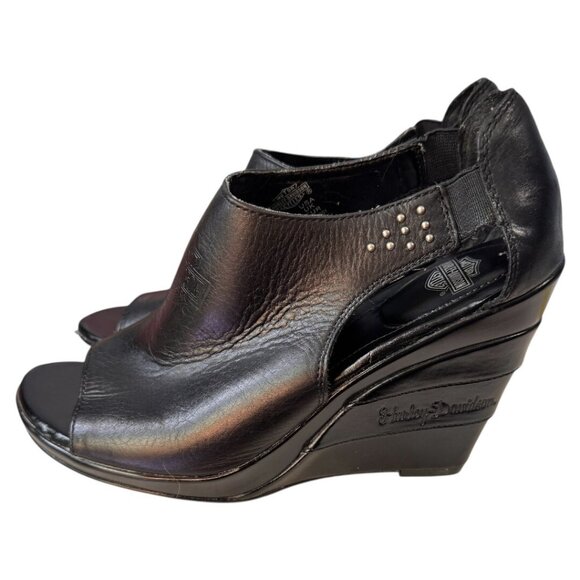 Harley Davidson Women’s Sandals Sz 7 Black Leather Open Toe Slide‎ Wedge - Picture 6 of 10